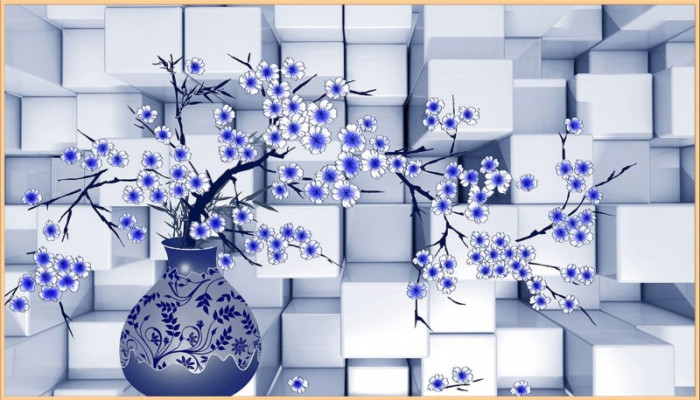 Tranh dán tường bình hoa xanh dương