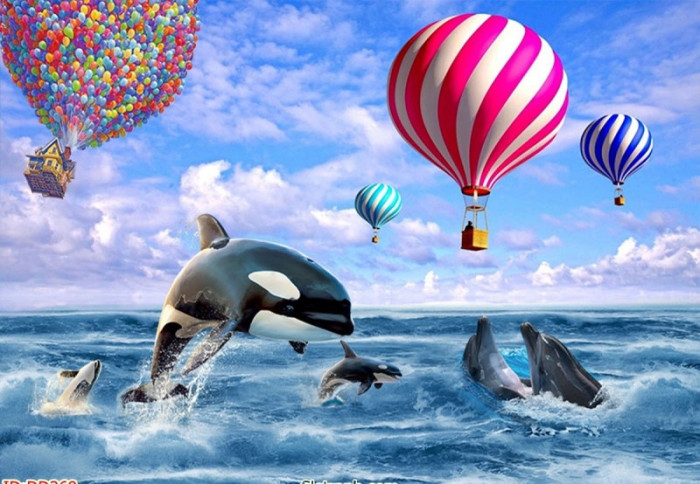 Tranh dán tường cảnh biển cá heo và khí cầu sắc màu - 