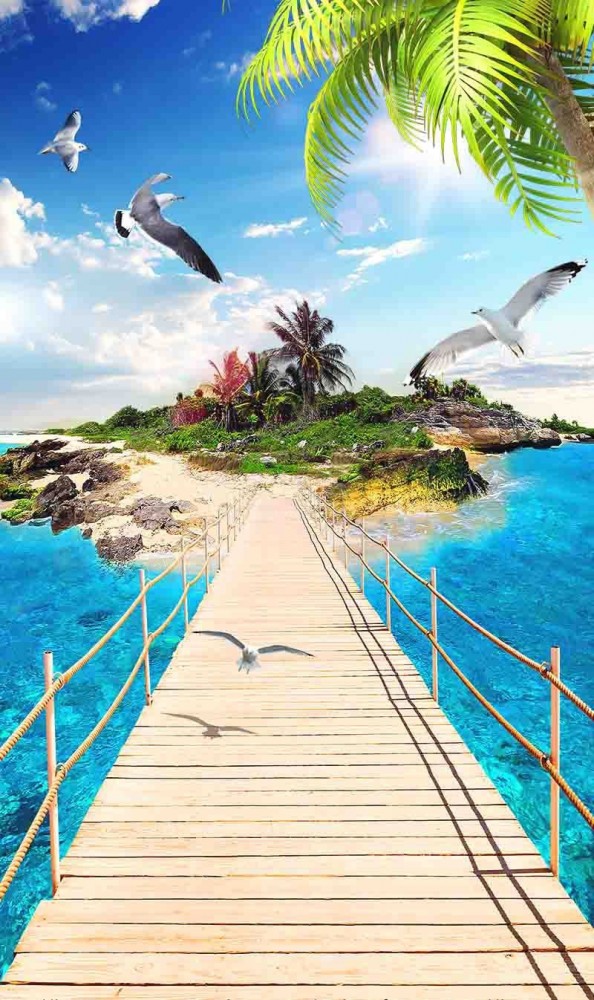 Tranh dán tường cảnh biển cây cầu và đảo xanh - 