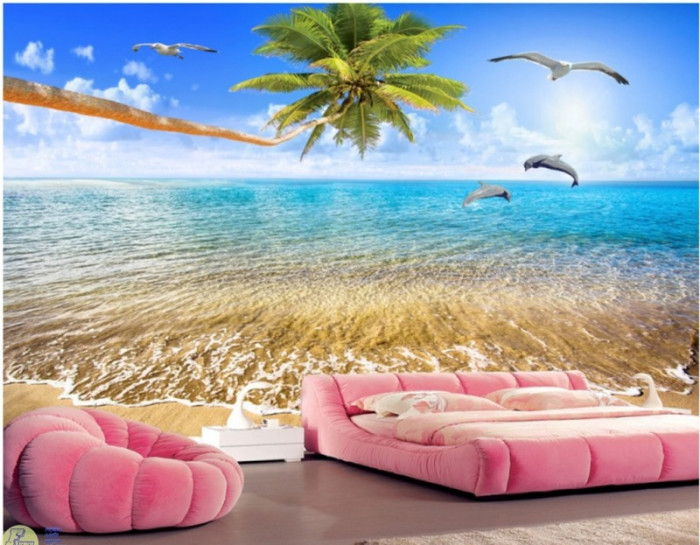 Tranh dán tường cảnh biển  ghế hồng và biển cả