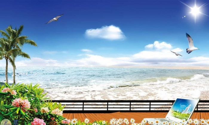 Tranh dán tường cảnh biển hoa và sóng biển