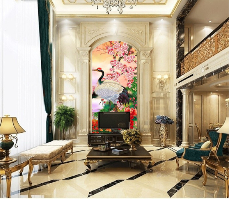 Tranh con công và hoa mẫu đơn đỏ thắm