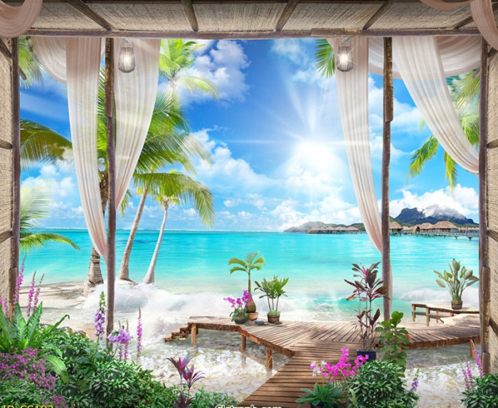 Tranh dán tường cửa sổ bãi biển và bầu trời trong xanh