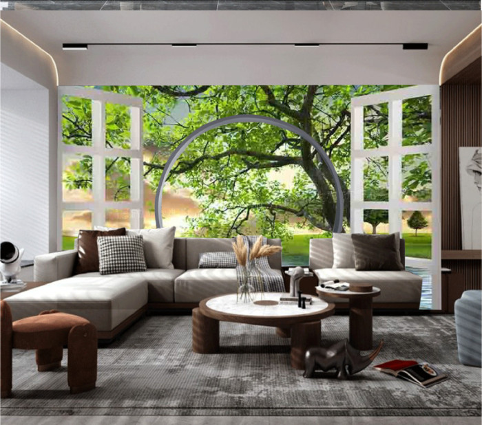 Tranh cửa sổ bóng cây và đôi thiên nga