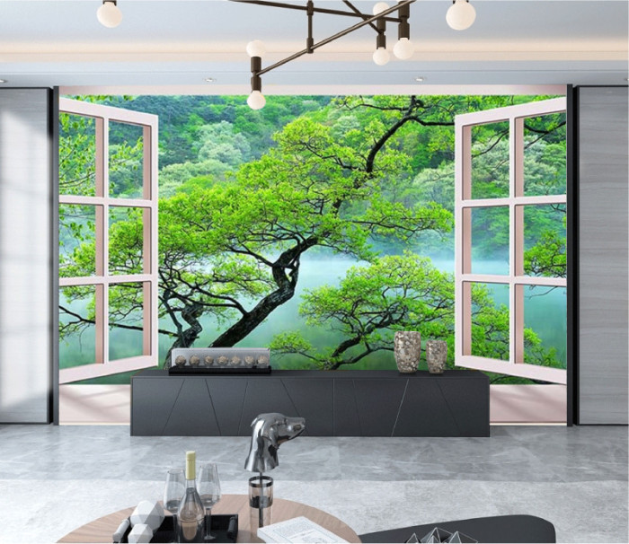 Tranh cửa sổ cành cây xanh