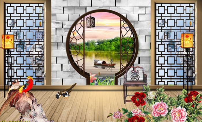 Tranh dán tường cửa sổ chèo thuyền trên sông quê hương