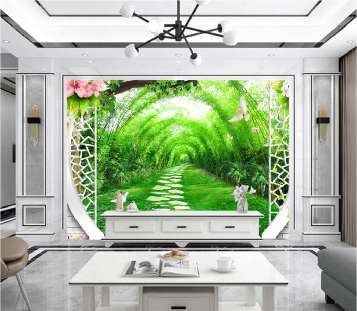 Tranh cửa sổ con đường trúc xanh và chim câu hoa trắng