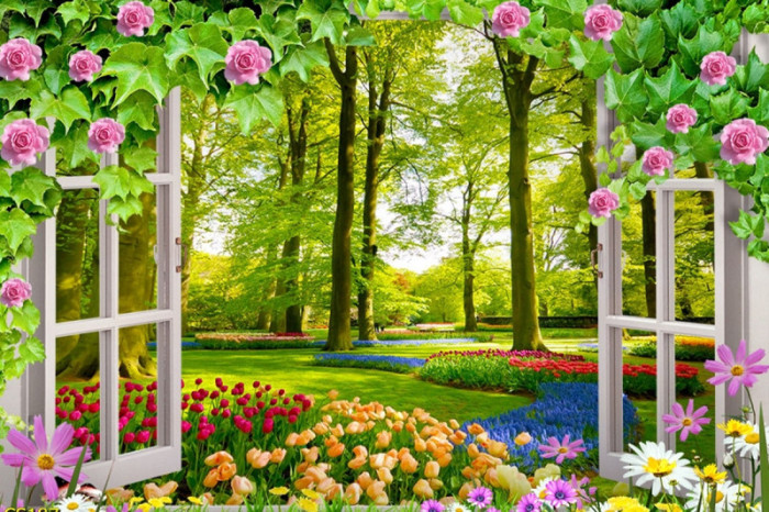 Tranh dán tường cửa sổ dây leo hoa hồng ra rừng cây hoa sắc màu