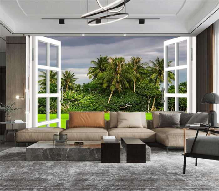 Tranh cửa sổ đồng lúa và dừa xanh