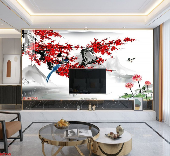 Tranh đá cẩm thạchn hoa đào đỏ