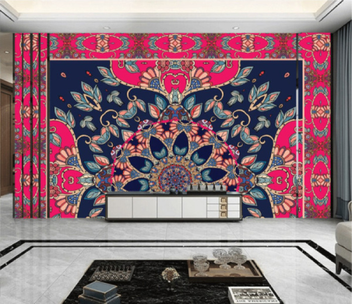 Tranh gạch bông đỏ nền xanh đen