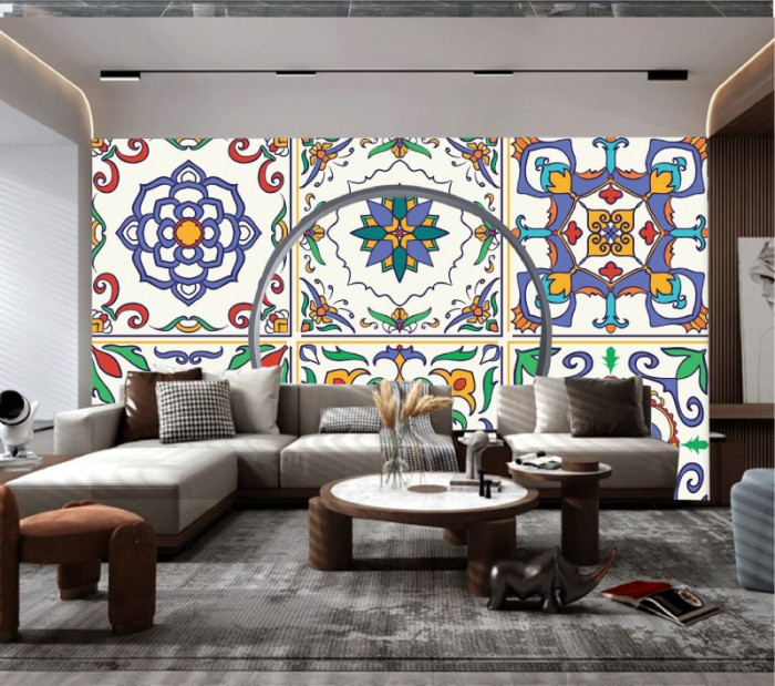 Tranh gạch bông hoa văn tròn màu xanh vàng