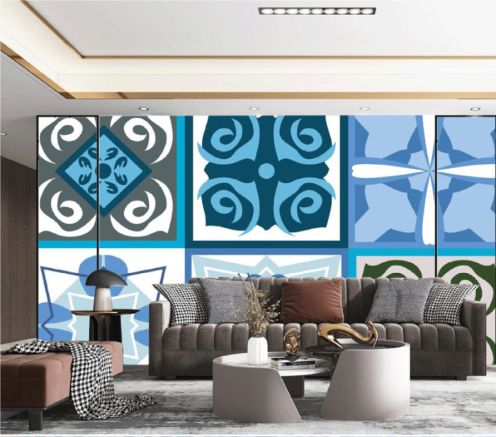 Tranh gạch bông xanh nhạt nền trắng