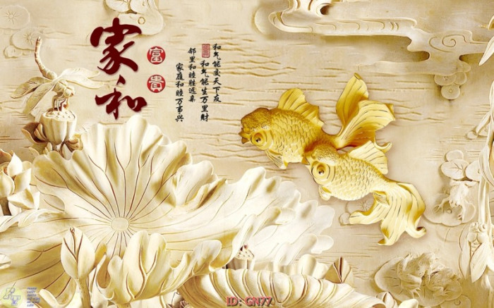Tranh dán tường giả ngọc đôi cá chép  vàng và hoa sen 