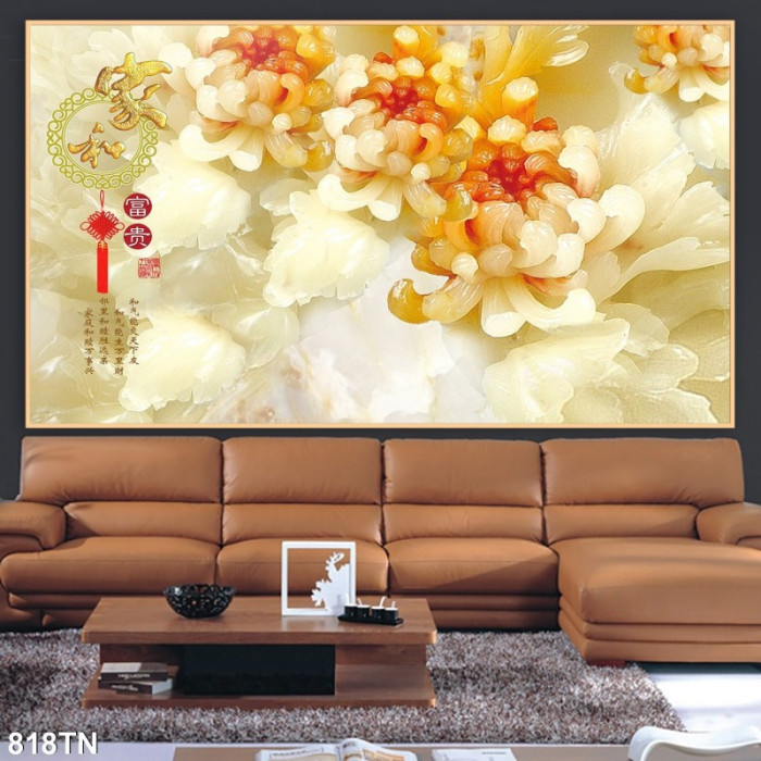 Tranh hoa mẫu đơn đỏ cảm giả ngọc 3D