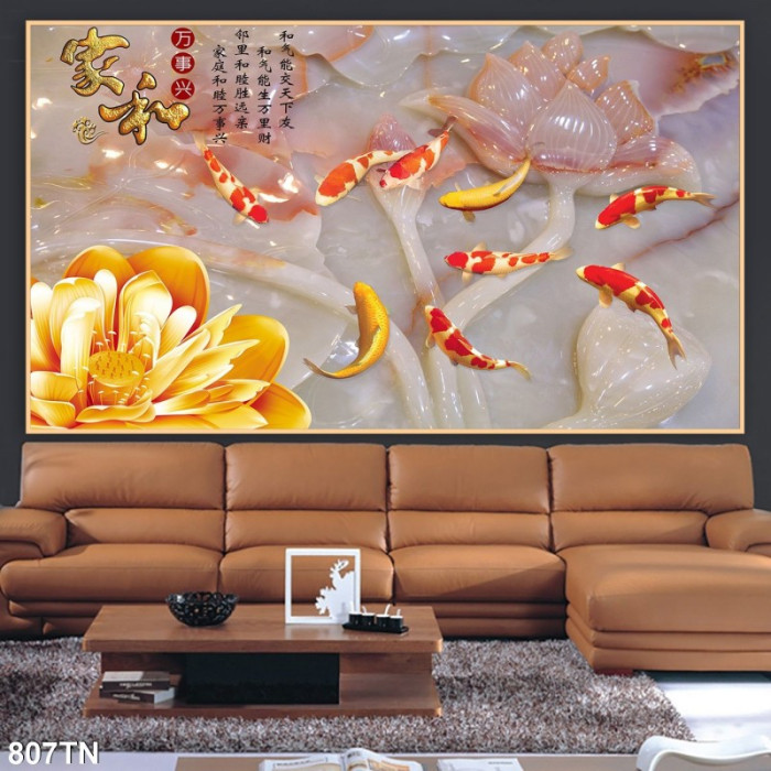 Tranh dán tường giả ngọc hoa sen vàng và cá chép Koi - 