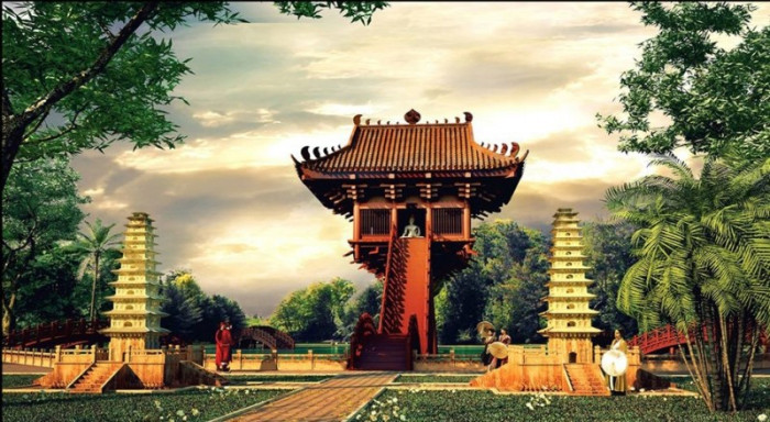 Tranh dán tường Hà Nội xưa chùa cổ