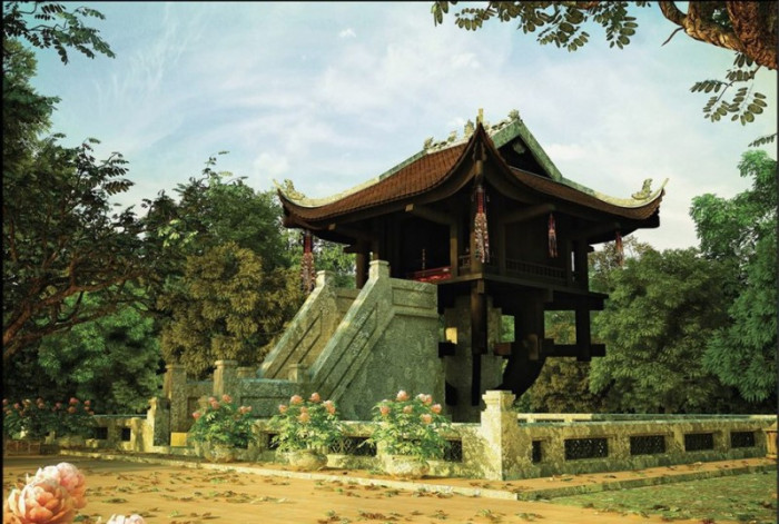 Tranh dán tường Hà Nội xưa chùa Một Cột