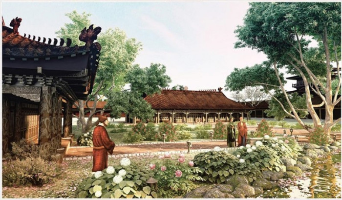 Tranh dán tường Hà Nội xưa đi dạo trong vườn
