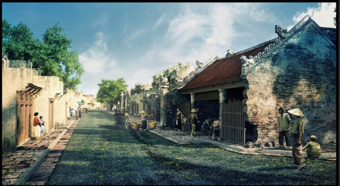 Tranh dán tường Hà Nội xưa ngôi nhà cổ xưa