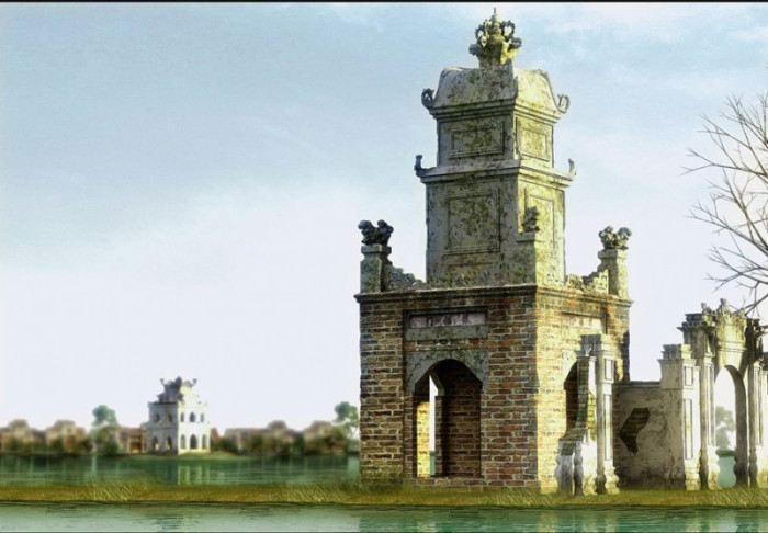 Tranh dán tường Hà Nội xưa Tháp Hòa Phong