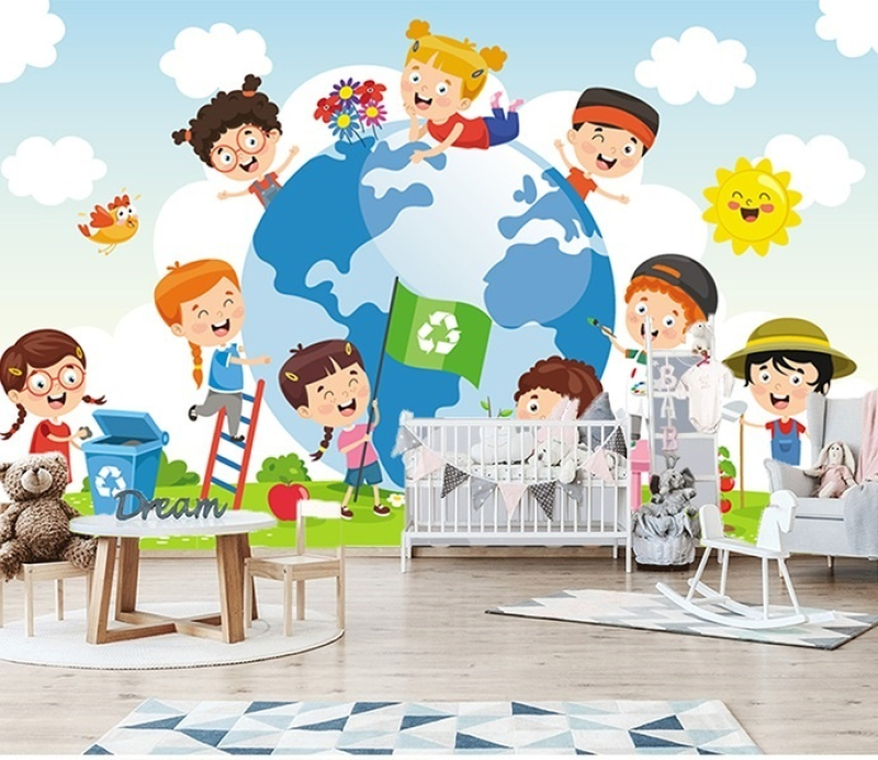 Tranh lớp học bé vui đùa bên trái đất