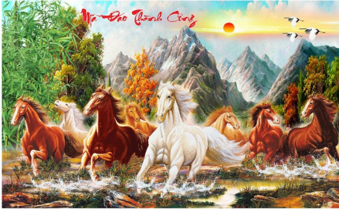 Tranh dán tường mã đáo thành công đàn ngựa sắc màu và đồi núi 
