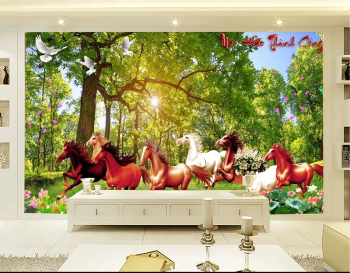 Tranh mã đáo thành công đàn ngựa và cây xanh