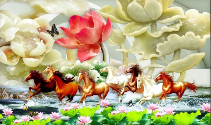 Tranh dán tường mã đáo thành công đàn ngựa và hoa sen