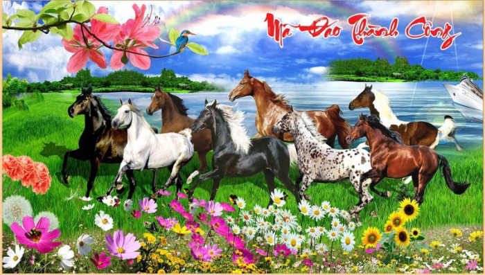 Tranh mã đáo thành công đàn ngựa và hoa
