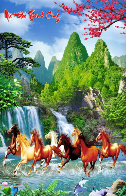 Tranh dán tường mã đáo thành công đàn ngựa và núi xanh