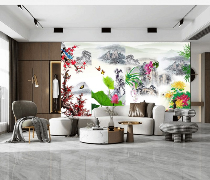 Tranh mai lan cúc trúc và sen hồng