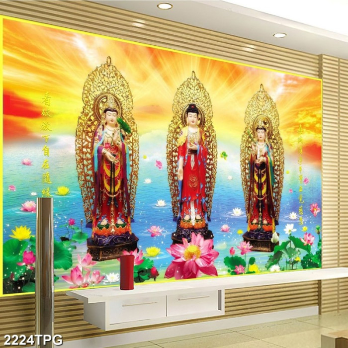 Tranh dán tường phật giáo 3 vi Phật trên toà sen