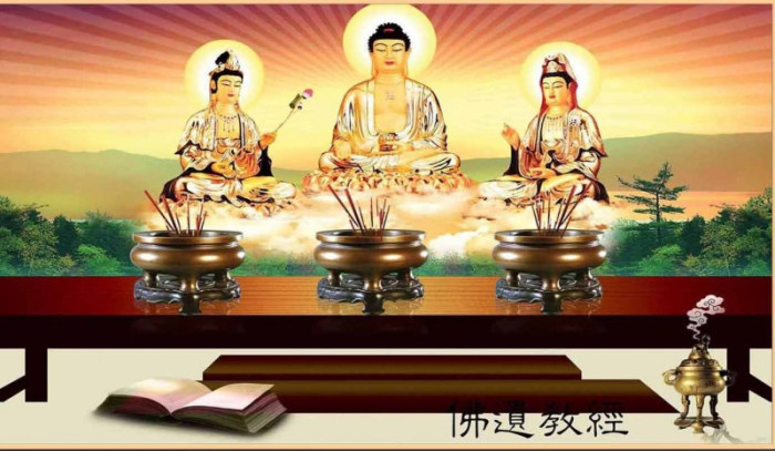Tranh dán tường phật giáo Đức Phật A Di Đà và các vị Bồ Tát