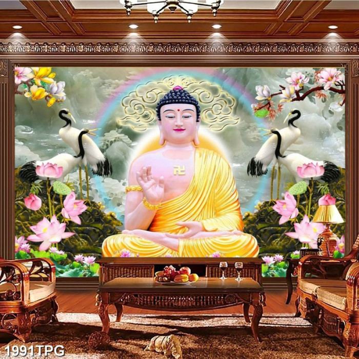 Tranh dán tường phật giáo Đức Phật A Di Đà và đàn hạc  - 