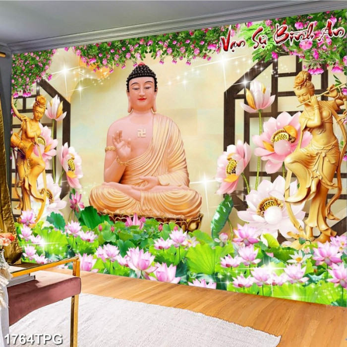 Tranh dán tường phật giáo Đức Phật A Di Đà và hoa sen