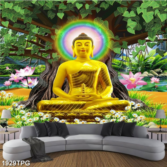 Tranh dán tường phật giáo Đức Phật dưới gốc cây Bồ Đề
