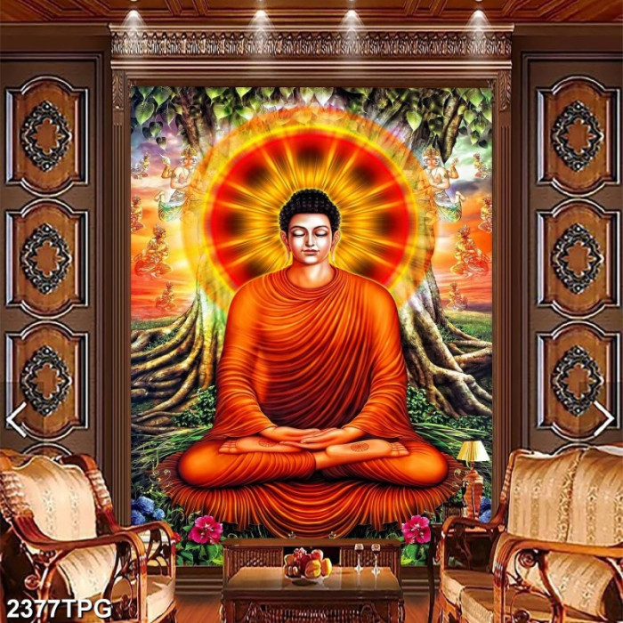 Tranh dán tường phật giáo Đức Phật ngồi dưới cội bồ đề tỏa ánh hào quang đỏ