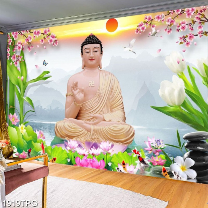 Tranh dán tường phật giáo Phật A Di Đà và hoa 