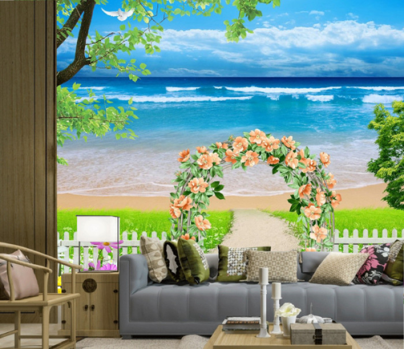 Tranh dán tường  phong cảnh biển hoa 