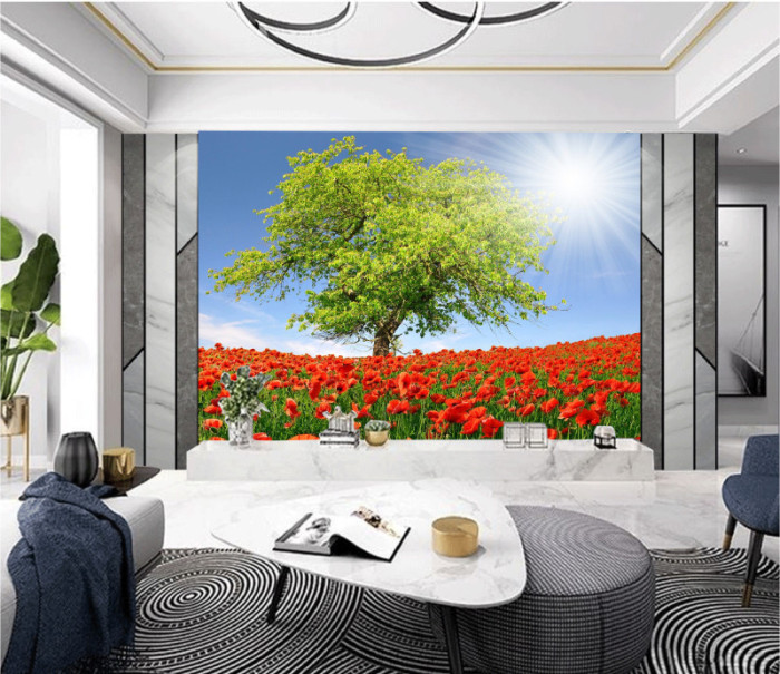 Tranh phong cảnh cánh đồng hoa đỏ