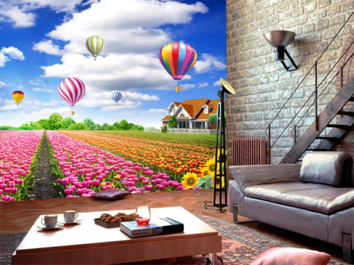 Tranh dán tường phong cảnh cánh đồng hoa tulip hồng bên ngôi nhà nhỏ
