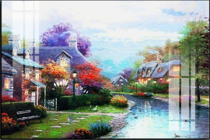 Tranh dán tường  phong cảnh châu âu căn nhà màu tím bên dòng sông