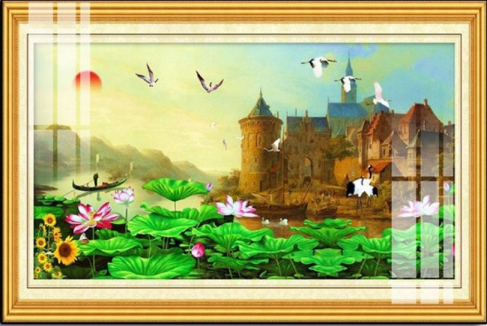 Tranh dán tường  phong cảnh châu âu lâu đài và hoa sen