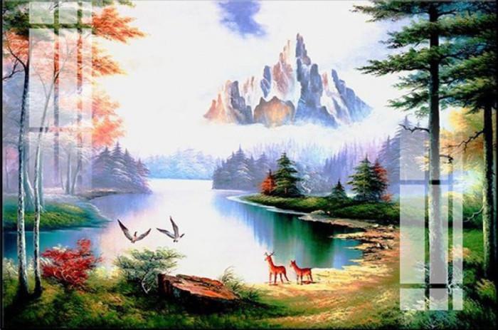 Tranh dán tường  phong cảnh châu âu núi đồi sắc màu