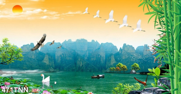 Tranh phong cảnh chèo thuyền trên sông