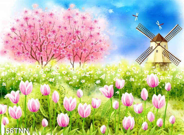 Tranh phong cảnh cối xay gió và hoa hồng