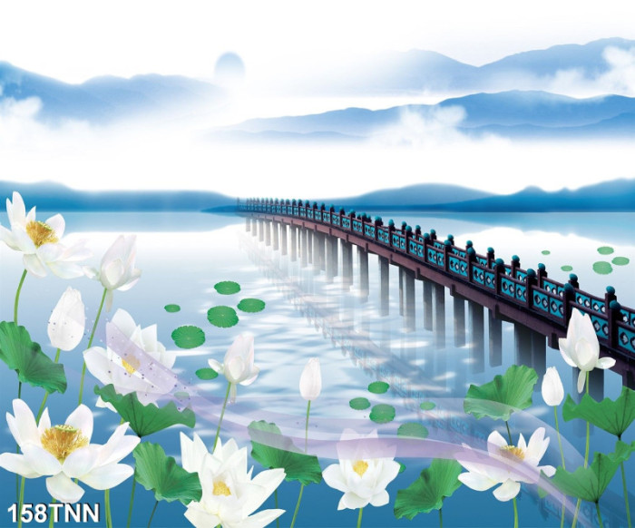 Tranh dán tường  phong cảnh hoa sen trắng và cây cầu
