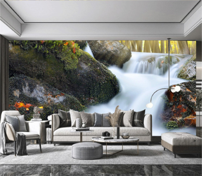 Tranh phong cảnh rừng lá vàng và thác nước