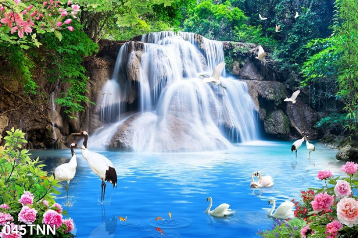 Tranh phong cảnh thác nước đàn thiên nga dao chơi